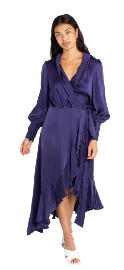 Silk Wrap Midi Dress Indigo