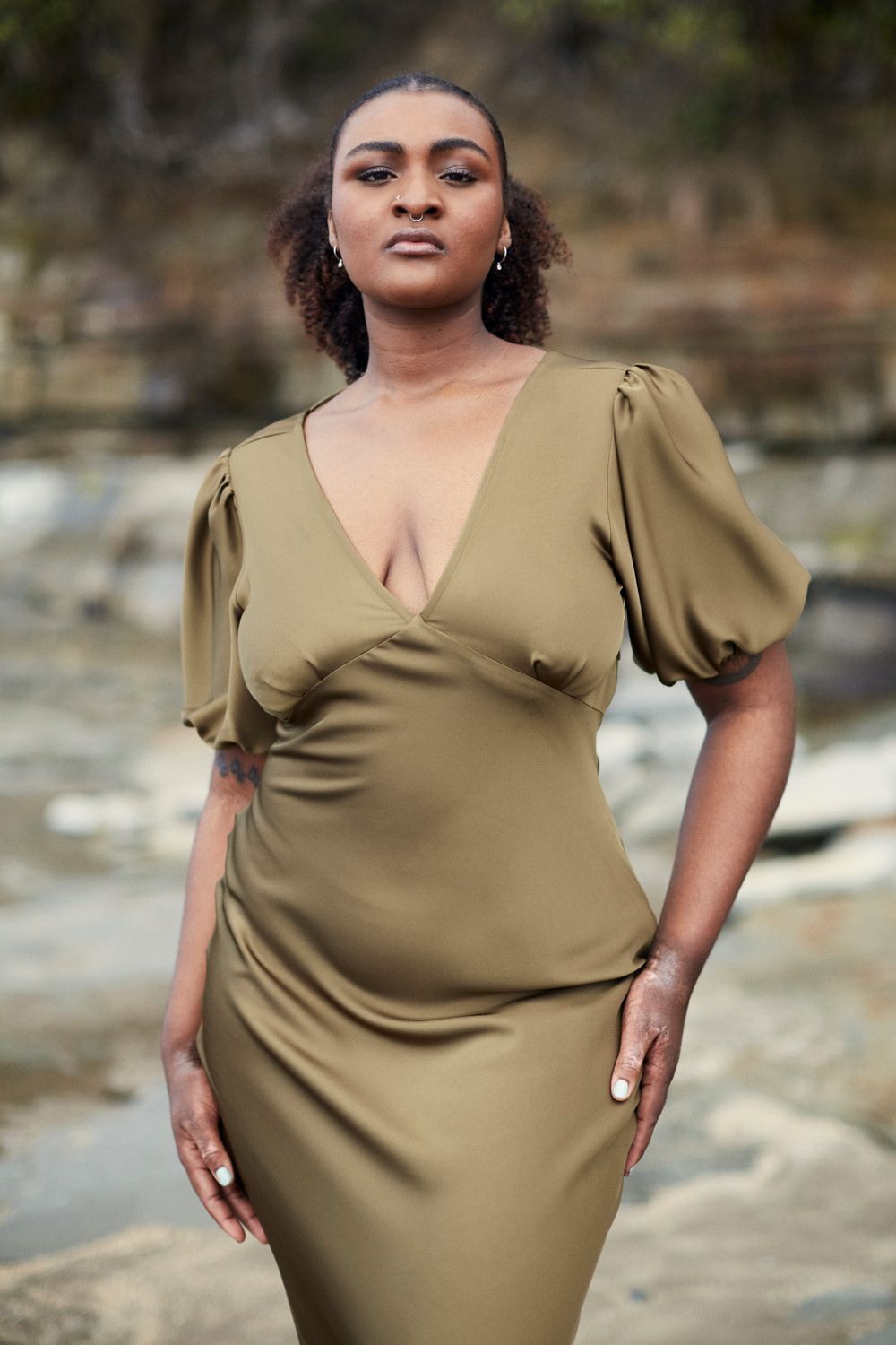 Uma Satin Dress Khaki