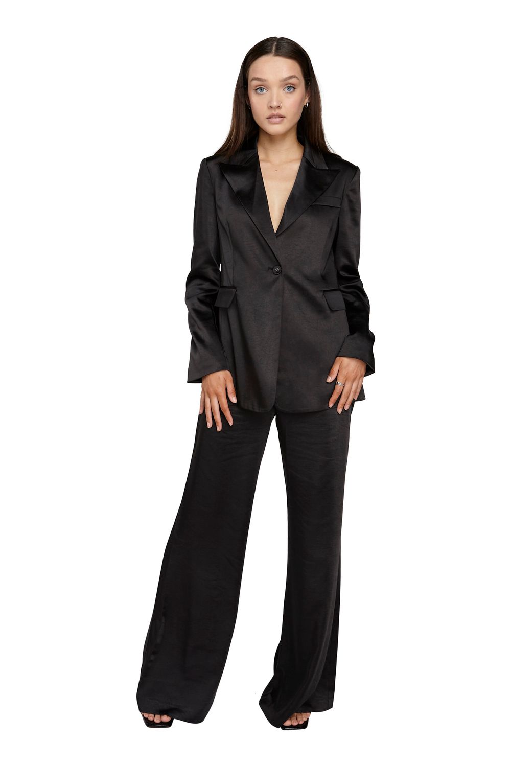 Satin Tailored Blazer and Flare Trouser Set